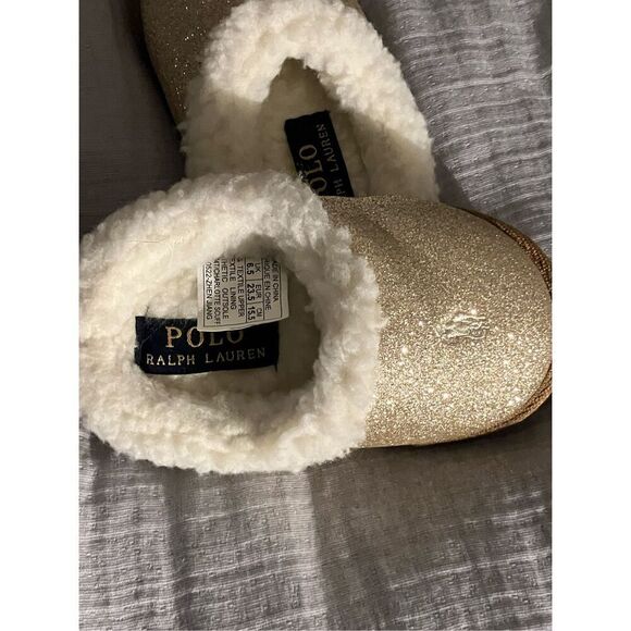 POLO Ralph Lauren Gold & Cream Sherpa Slip on Slippers Size Toddler 7 - Picture 6 of 10
